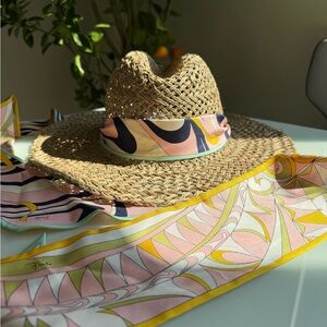 Emilio Pucci Straw Hat with Multicolor Printed Scarf Trim